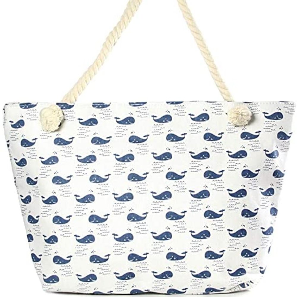 Navy Whale Canvas Tote Beach Bag